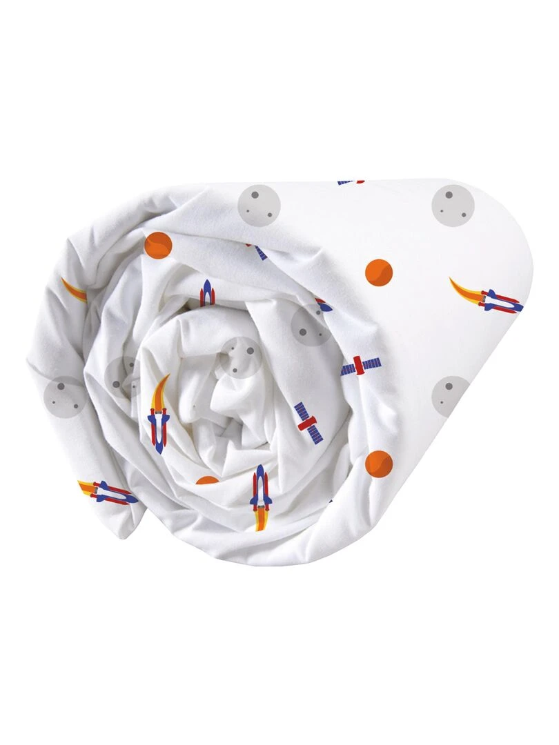 Drap housse imprimé 100% coton  EXPLORE SPACE   Blanc