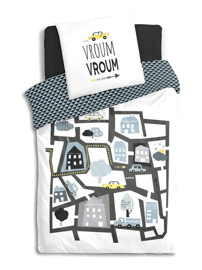Housse de couette enfant 140x200 Route + taie coton 57 fils Blanc