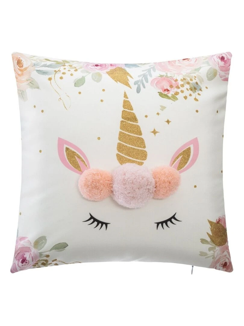 Coussin Licorne pompon 40x40 cm Blanc