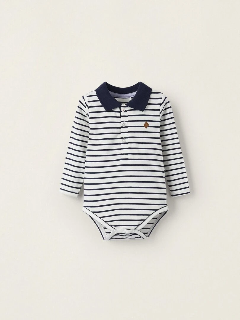 Body polo en coton à rayures pour nouveau né manches longues ATLANTIC COMPANY Bleu foncé