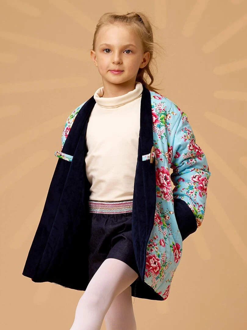 Veste Chinoise Fille Velours Bleu Marine Réversible Fleurie Turquoise KIM 'LA FAUTE A VOLTAIRE' Bleu marine