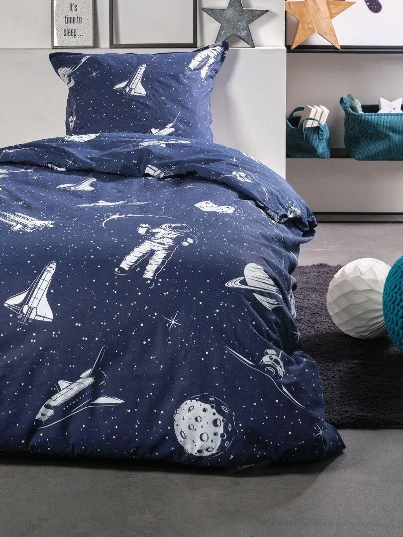 Parure de lit imprimé 'HAPPY GALAXY' 'TODAY' Bleu