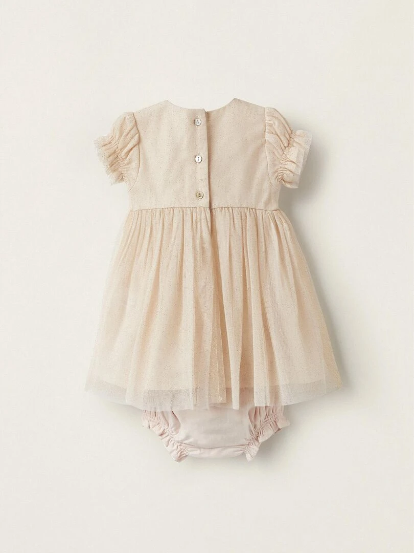 Robe en tulle avec paillettes + Bloomer pour nouveau nés manches courtes CÉRÉMONIE Rose