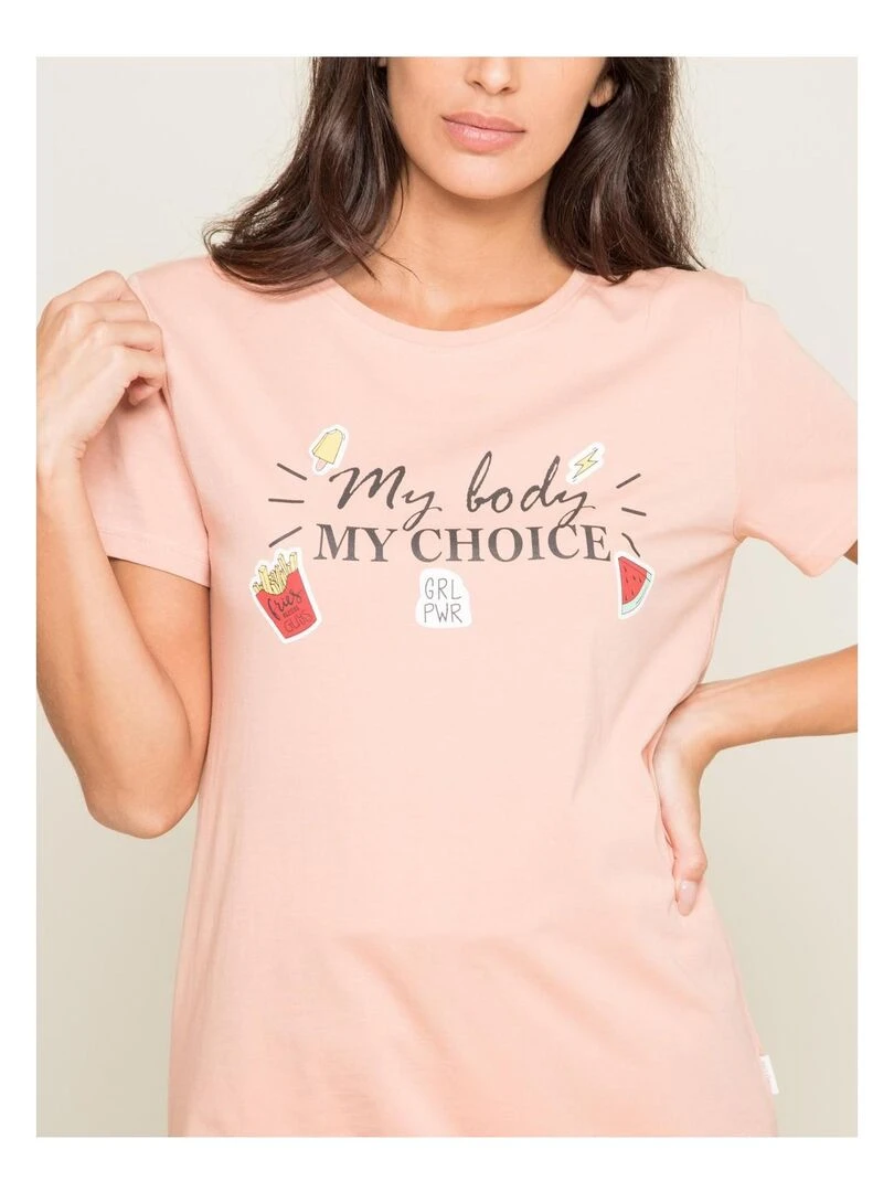 T shirt col rond message FLETY   Rose