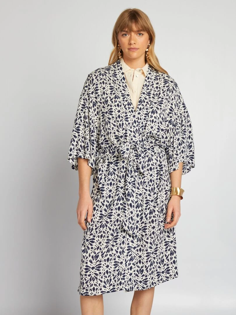 Kimono imprimé à ceinture   Bleu marine