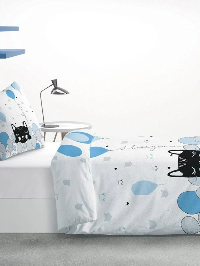 Housse de couette 140x200 Pussycat blue + taie 100% coton   Blanc
