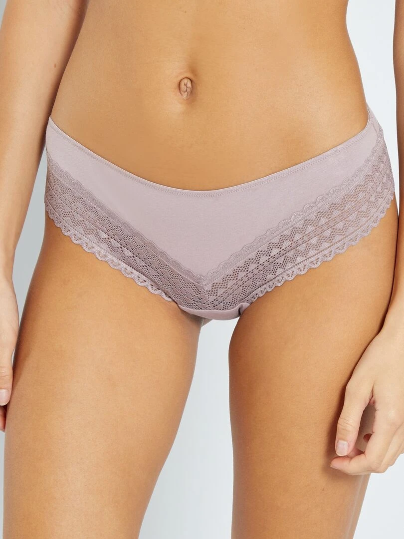 Lot de 3 tangas coton dentelle rose grisé/écru/vert