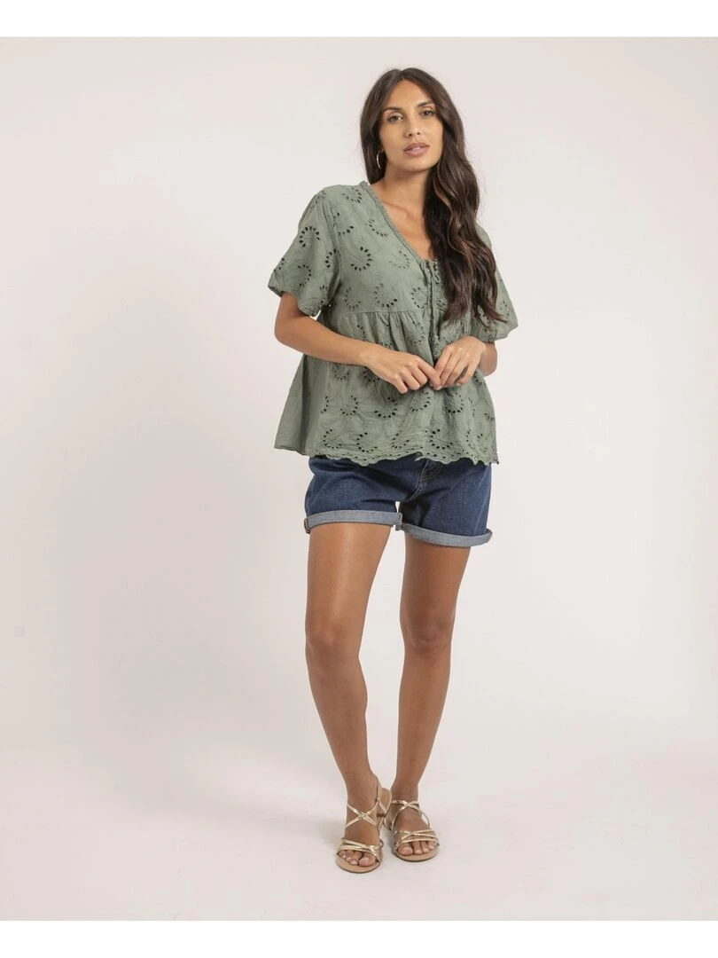 Blouse manches courtes broderies anglaises FEBO   Kaki