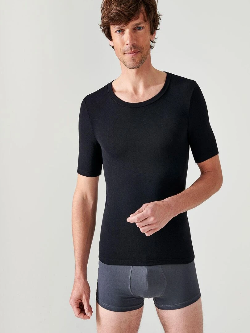 T shirt col rond manches courtes fine côte Thermolactyl Damart Noir