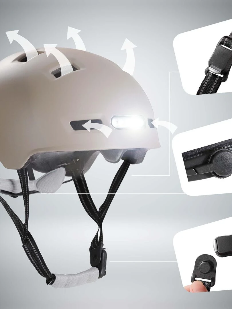 Casque Vélo Skater avec éclairage avant et arrière   Blanc Sable L(57 61cm)   Beige