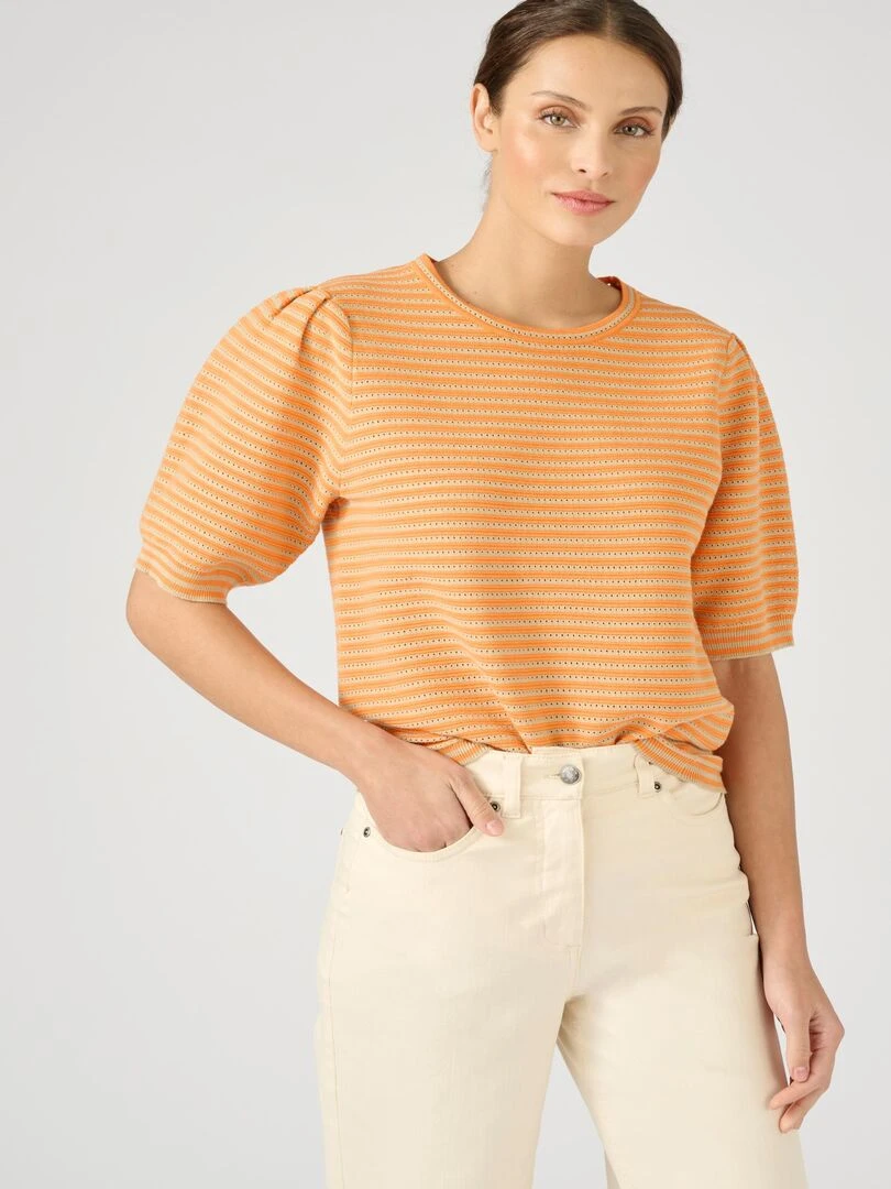 Pull rayé ajouré maille ottoman Damart Orange