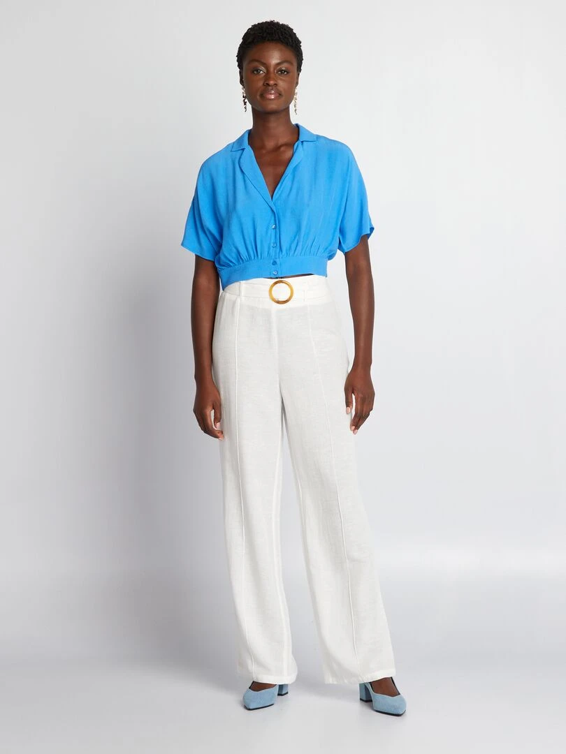 Pantalon large taille haute en lin Blanc