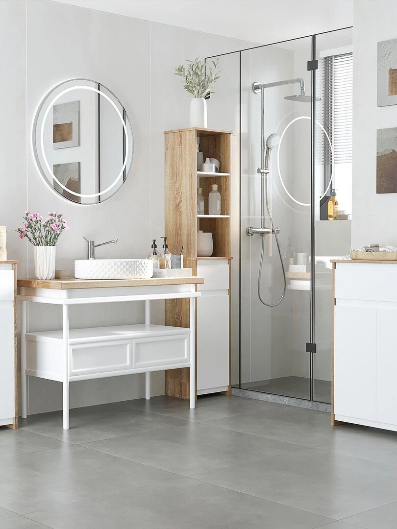 Meuble colonne bas salle de bain style cosy porte tiroir Beige
