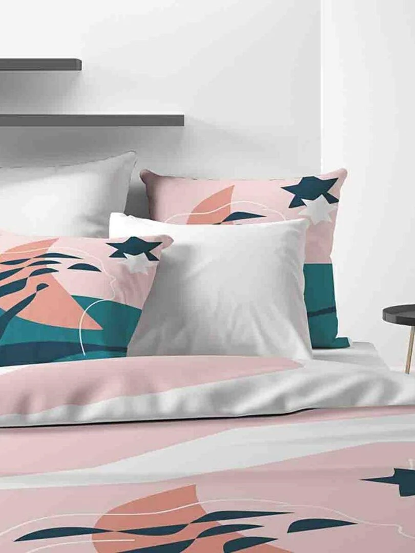 Housse de couette + 2 taies d'oreiller 65x65 cm 100% Coton 47 fils Heol   Rose