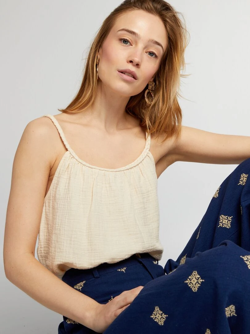 Top en gaze de coton à bretelles tressées Beige