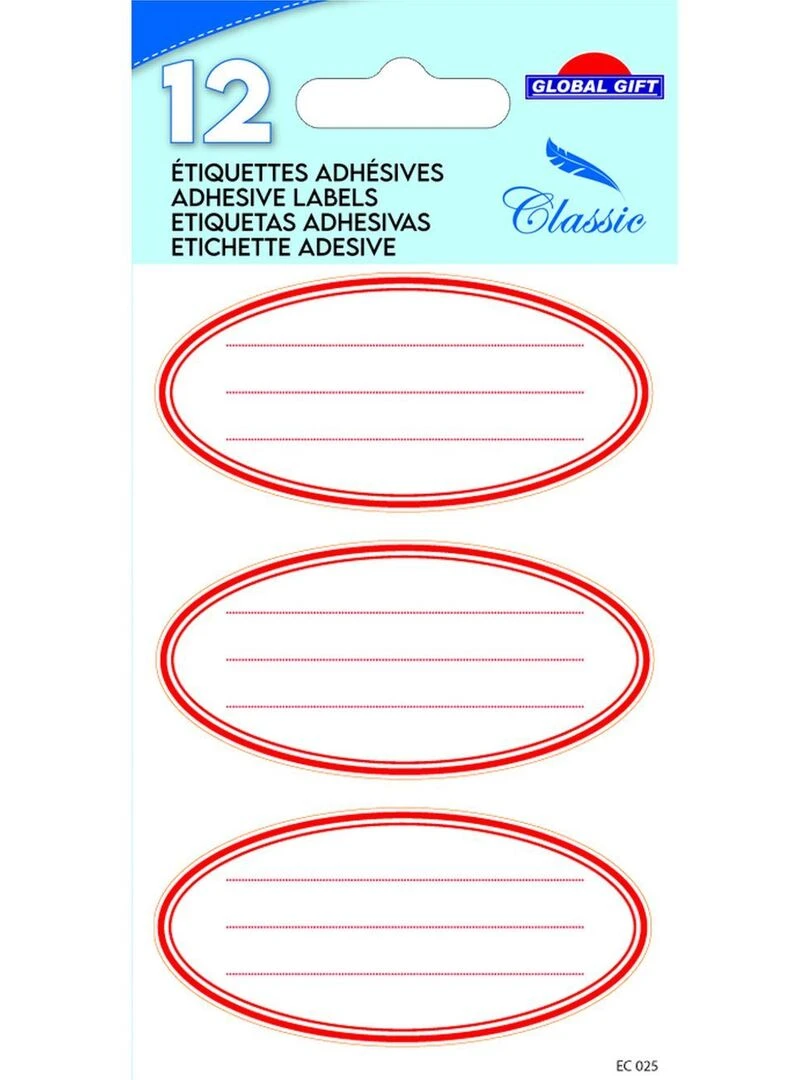 12 étiquettes adhésives scolaires Ovale Rouge N/A