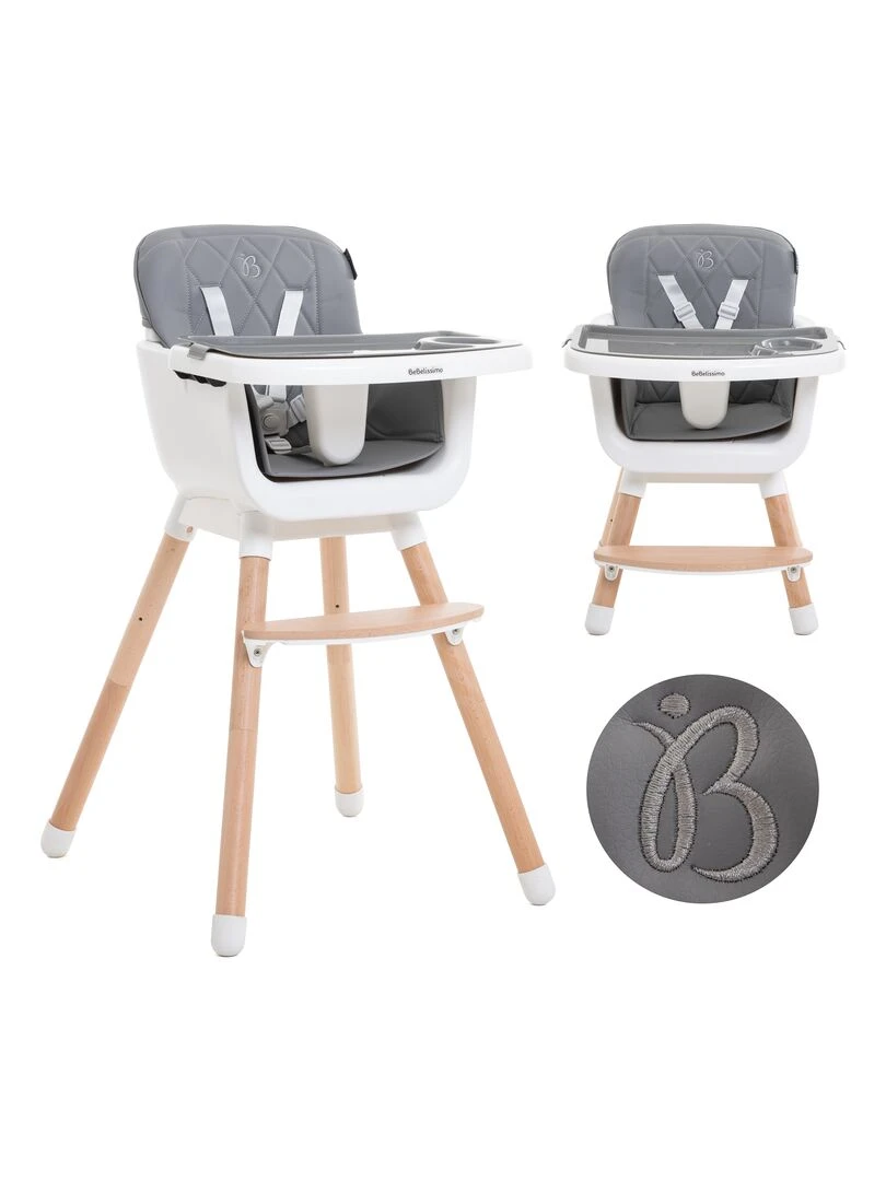 Chaise Haute bébé Évolutive Réglable en Bois 2 en 1 – 6 mois jusqu’à 5 ans gris Gris