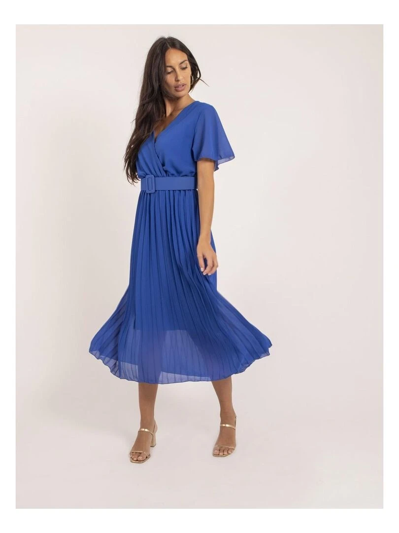 Robe midi plissée et ceinture ISALA   Bleu roi
