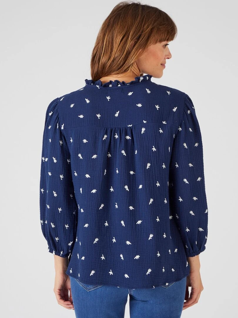 Blouse gaze de coton brodée   Damart   Bleu marine