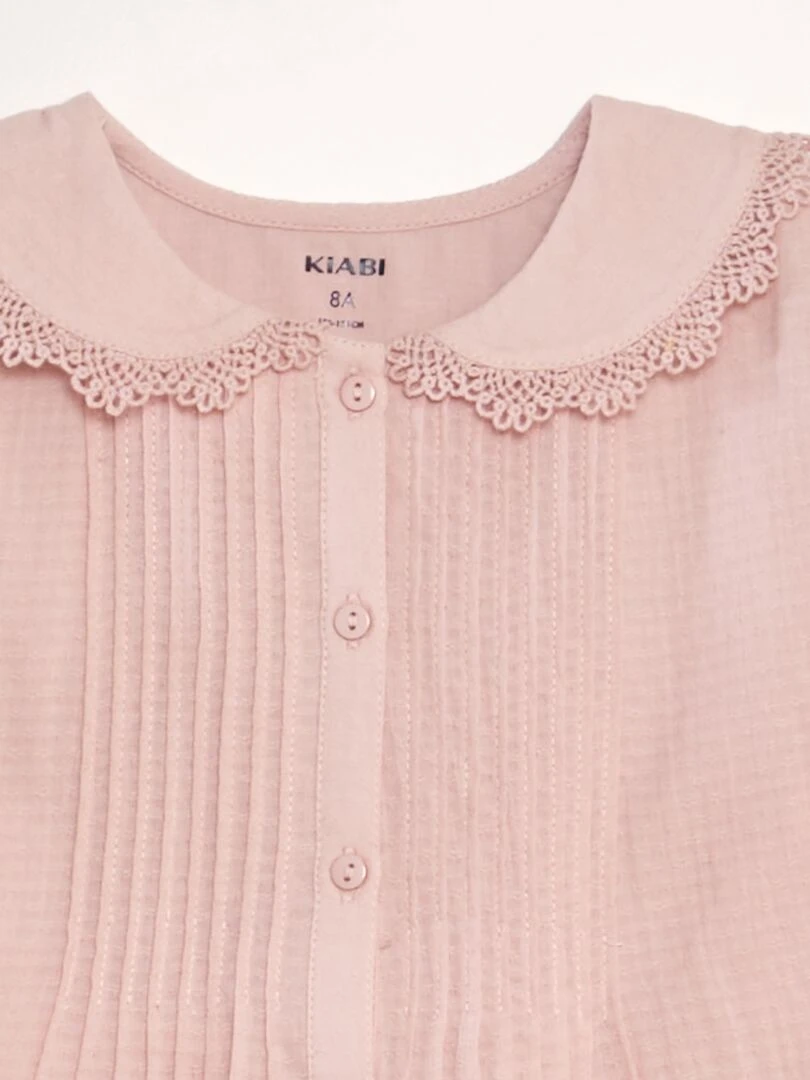 Blouse col claudine en tissu texturé   Rose