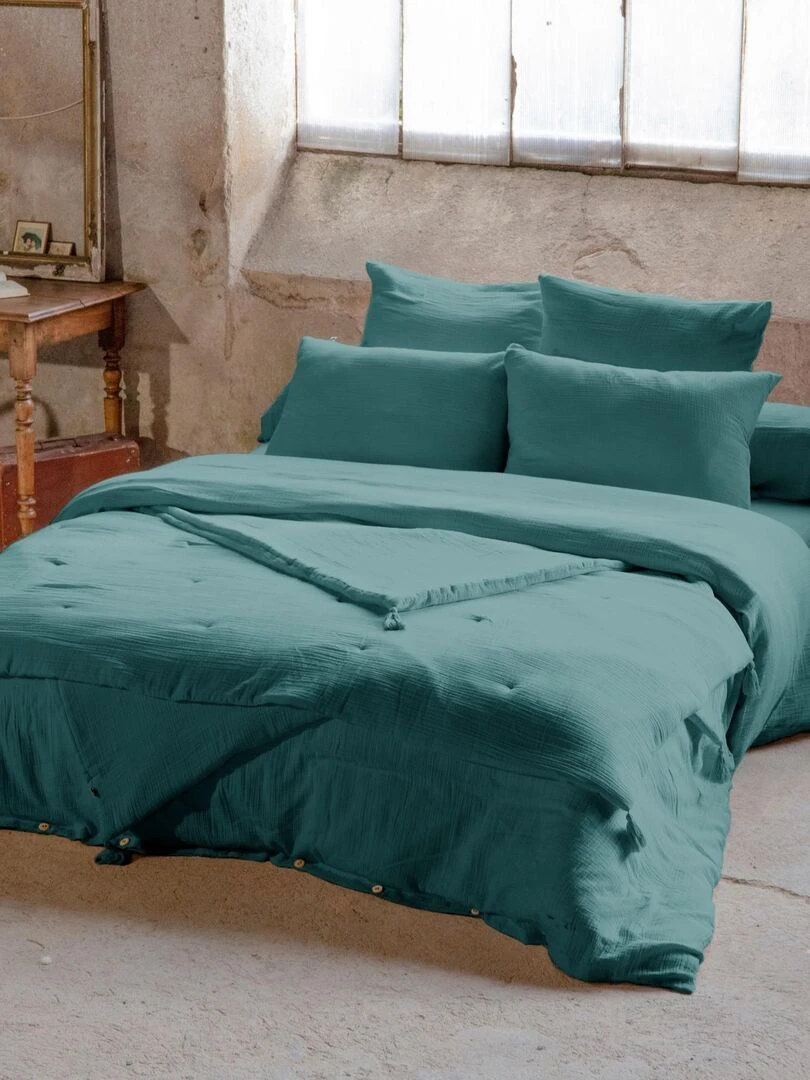 Housse de couette 100% Gaze de Coton 74 fils Bleu canard