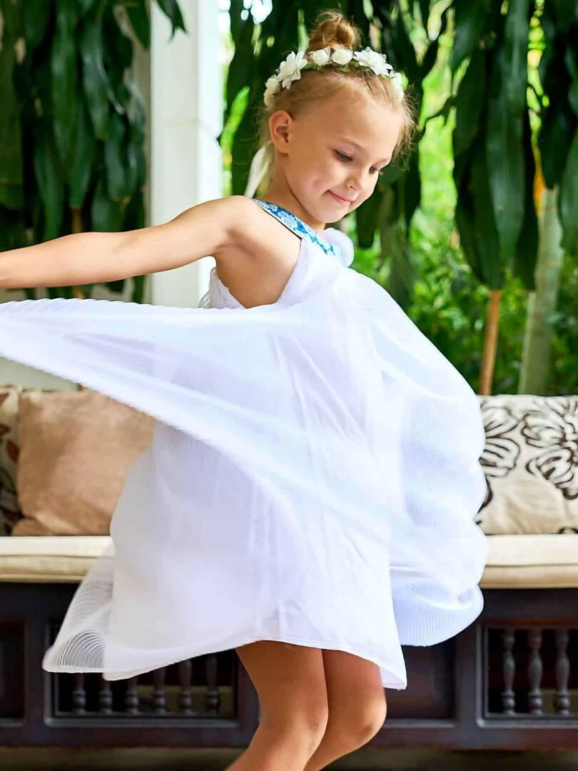Robe Cérémonie Fille Voile Blanc Fleurs Bleu Roi ALIZEE La Faute à Voltaire Blanc