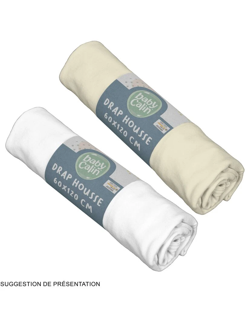 Lot de 2 draps housse en coton 60x120 cm Blanc + écru Beige