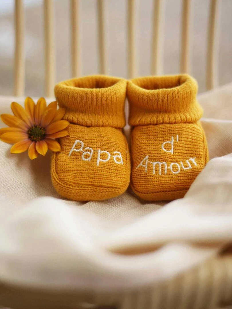 Chaussons naissance message Papa d'Amour Moutarde