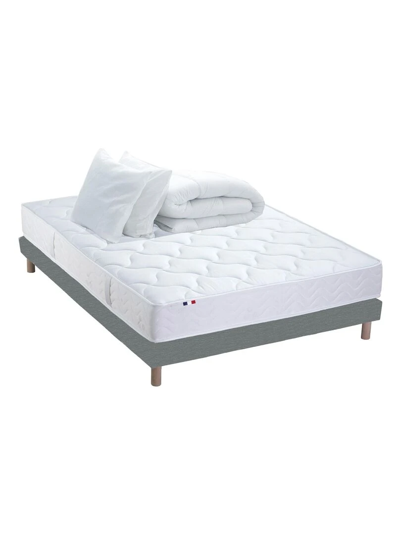 Pack ASTRE Ensemble Matelas Ressorts + Sommier + Couette + Oreillers Made in France Blanc Gris