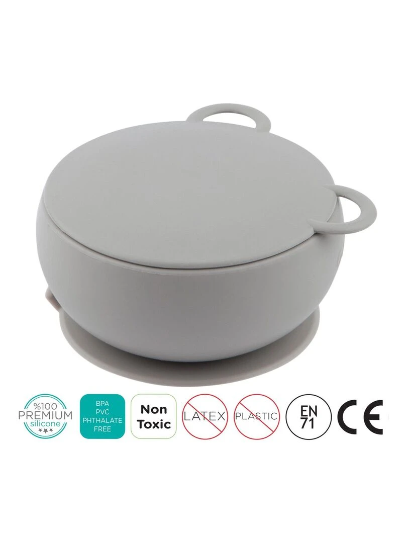 Bol bébé avec ventouse et couvercle en silicone Gris