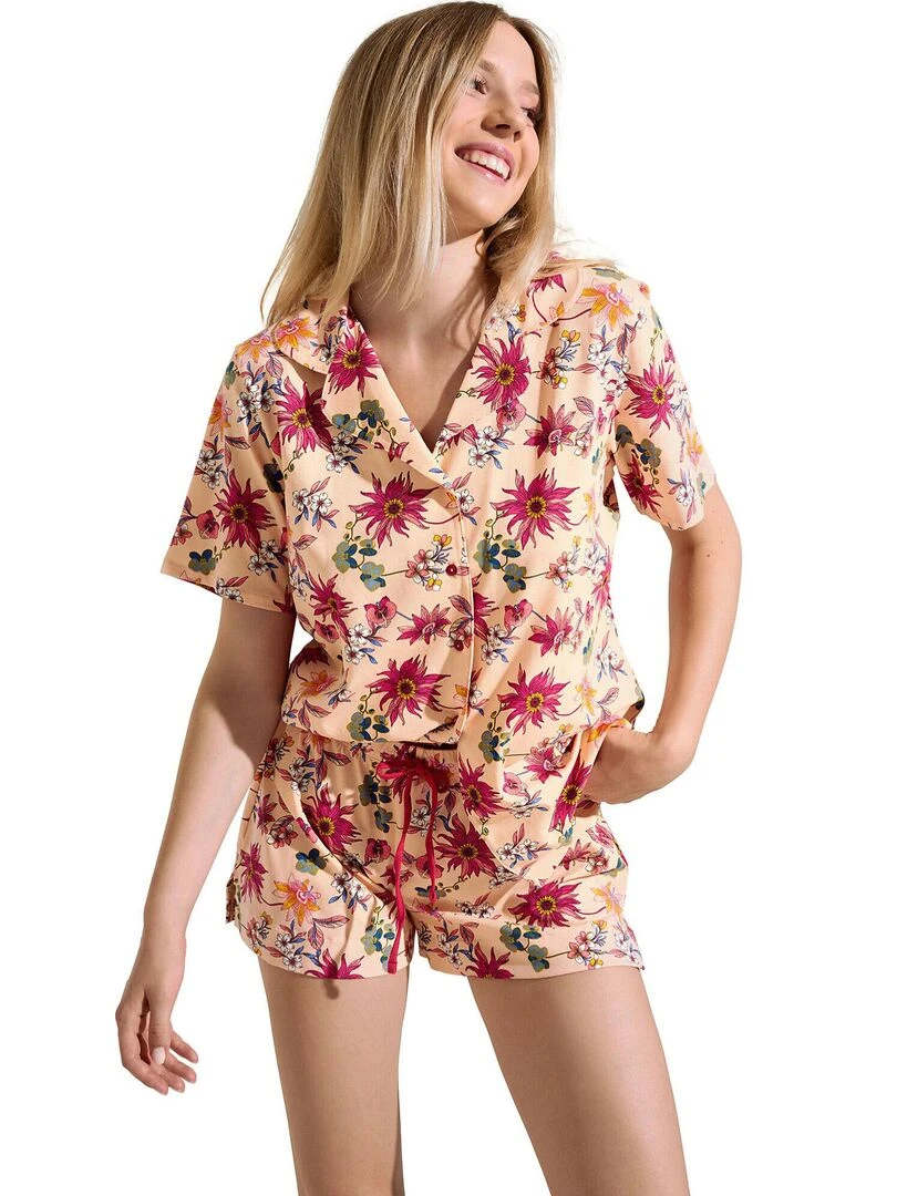 Pyjama short chemise manches courtes Flowers Orange