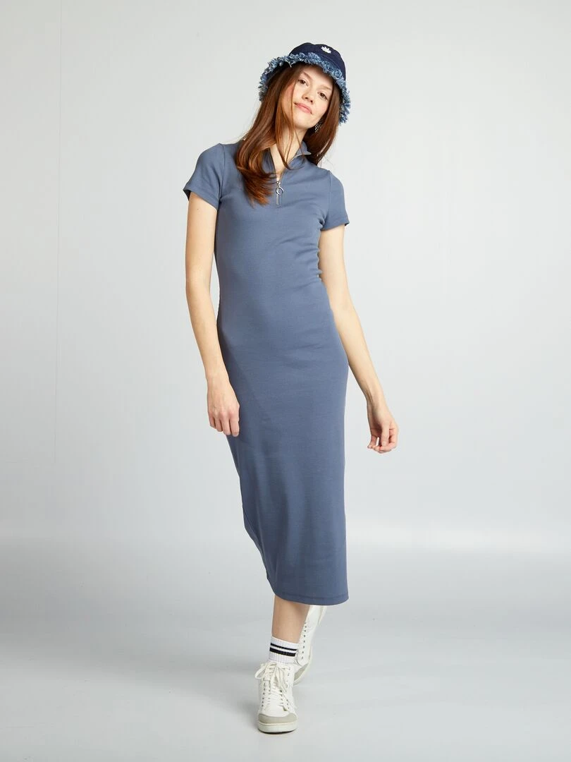 Robe midi en maille côtelée Bleu