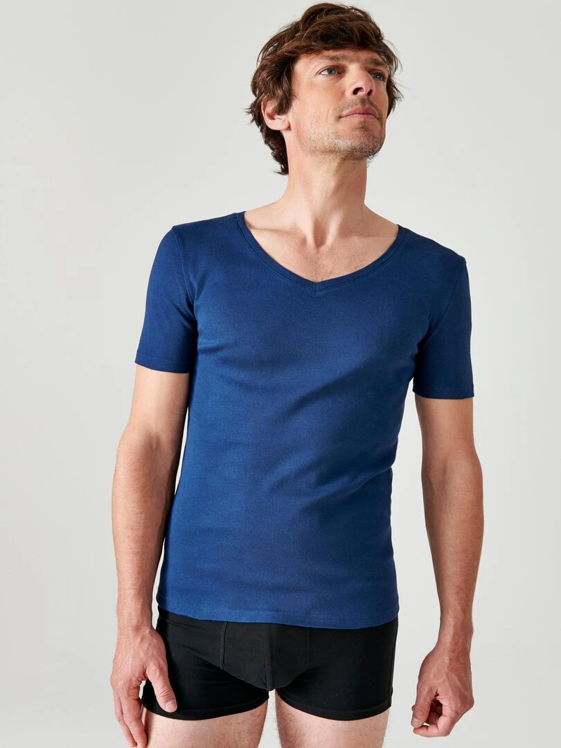 Lot de 2 t shirts col V manches courtes Essential pur coton peigné Damart Bleu marine