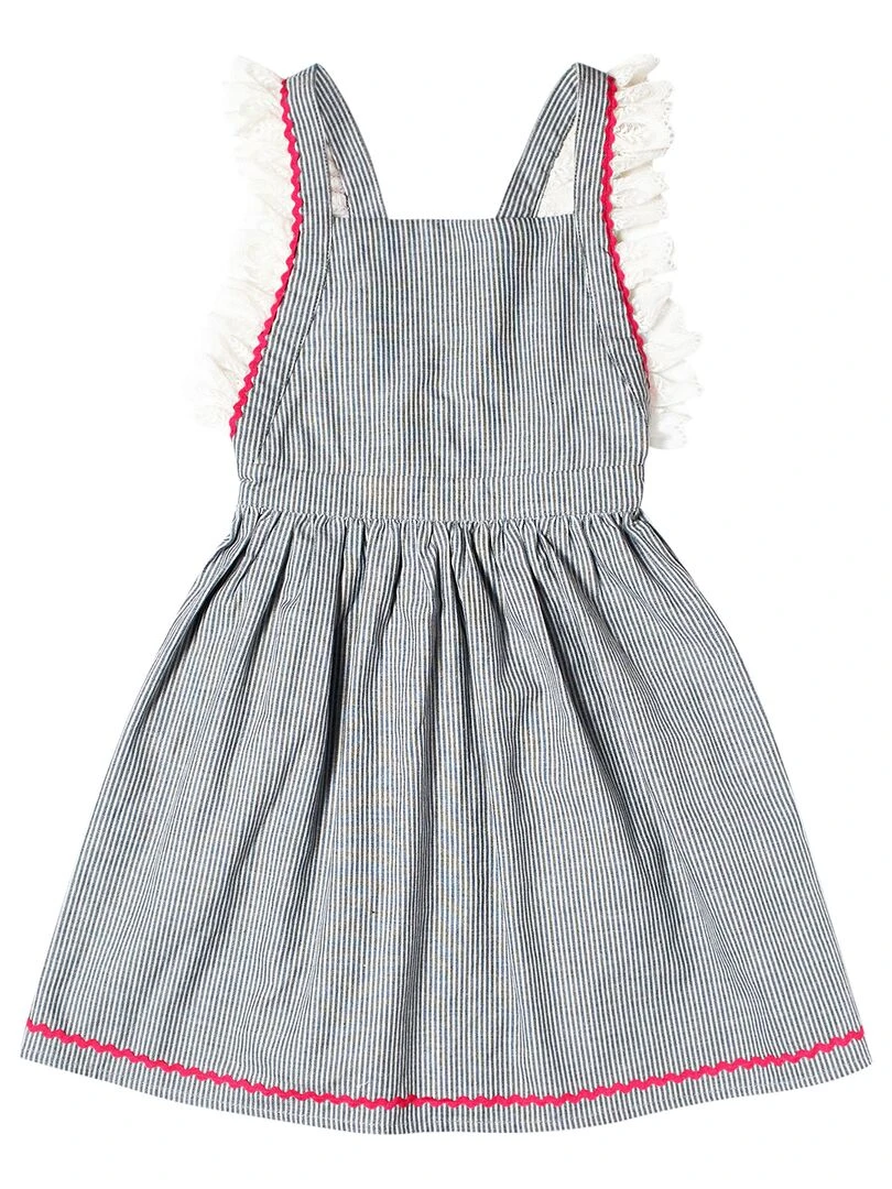 Robe Cérémonie Bohème Fille  Dentelle Fines Rayures Grises  LILI   La Faute à Voltaire   Gris Gris Blanc