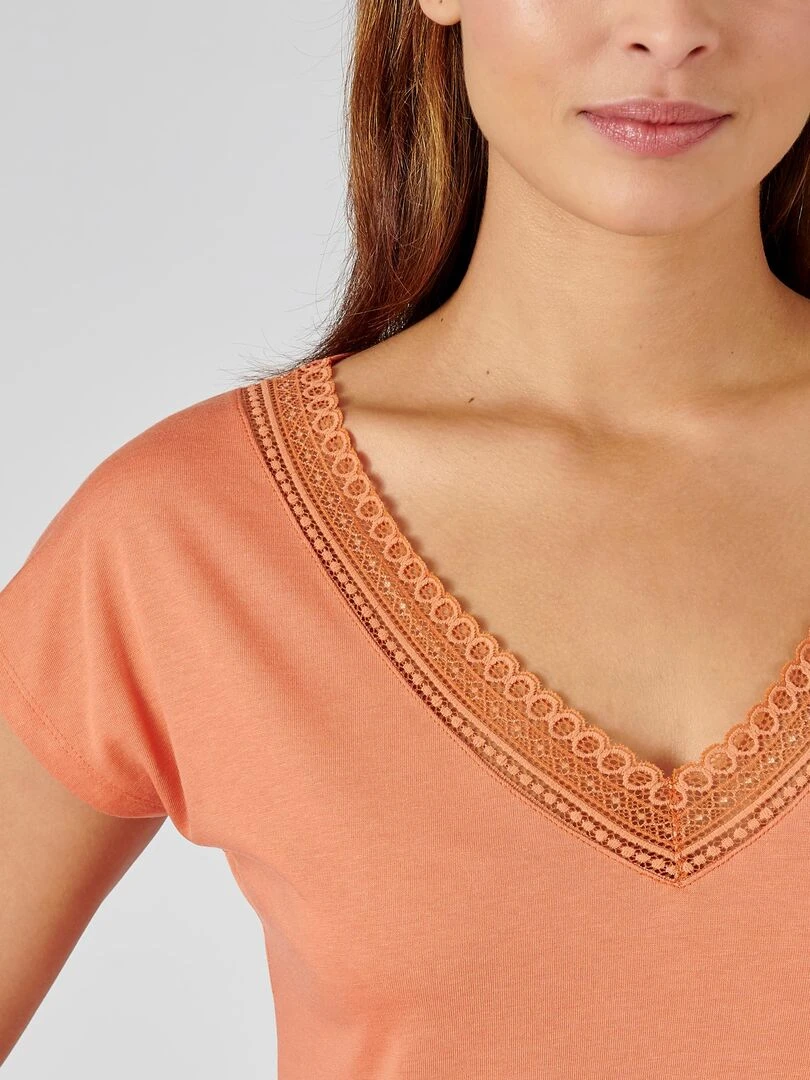 T shirt col dentelle Climatyl Damart Marron foncé