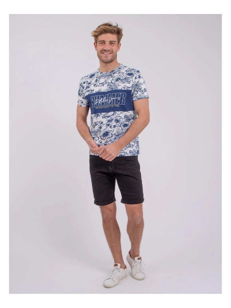 T shirt manches courtes col rond pur coton NOLIBA   Bleu