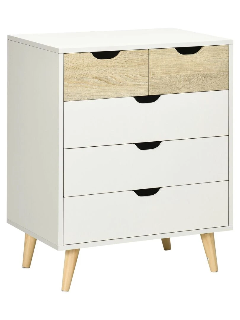 Commode design scandinave 5 tiroirs bois blanc aspect bois clair Blanc