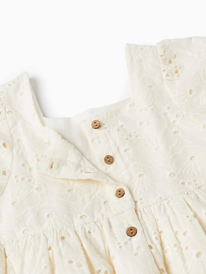 Robe + Bloomer Avec Broderie Anglaise Pour Bébé Fille manches courtes   Blanc