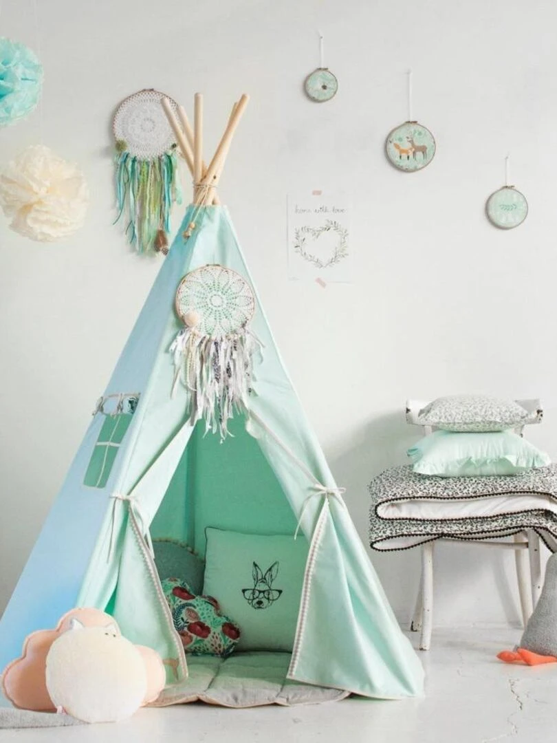 Tente TIpi avec pompoms et tapis Vert Menthe   Moi Mili   N/A