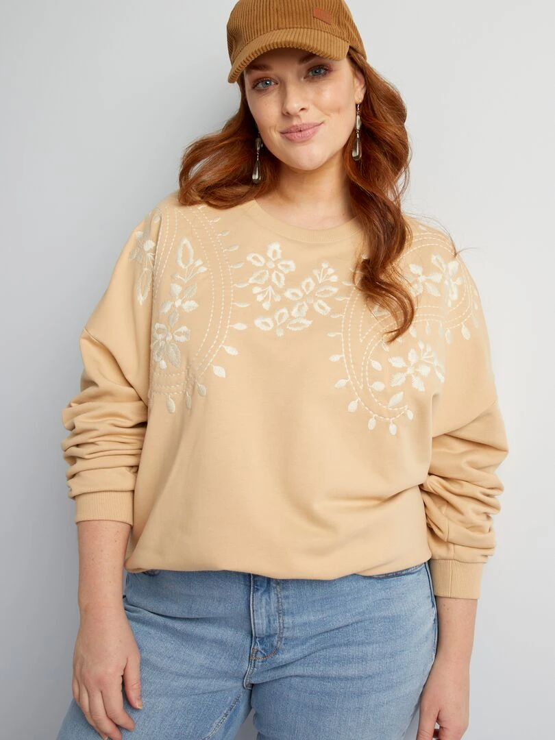 Sweat en molleton avec broderies Beige