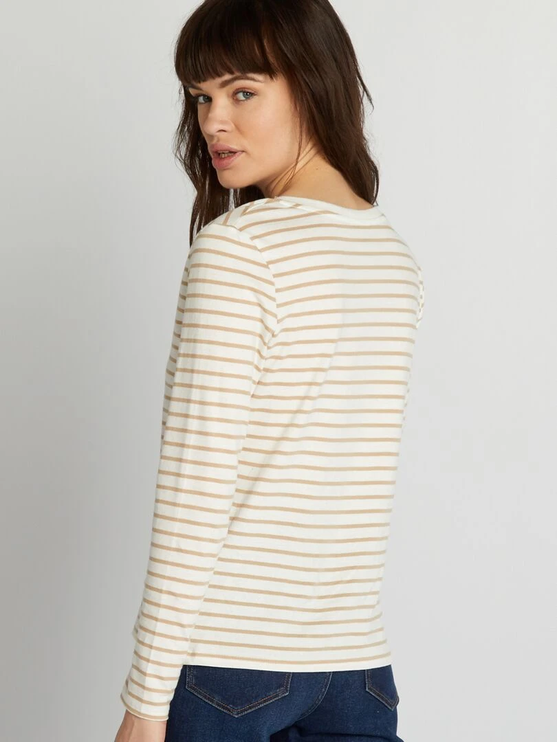 T shirt col V   Marron/blanc