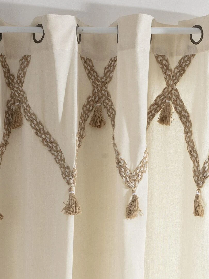 Rideau à pompons en coton et jute   Beige clair