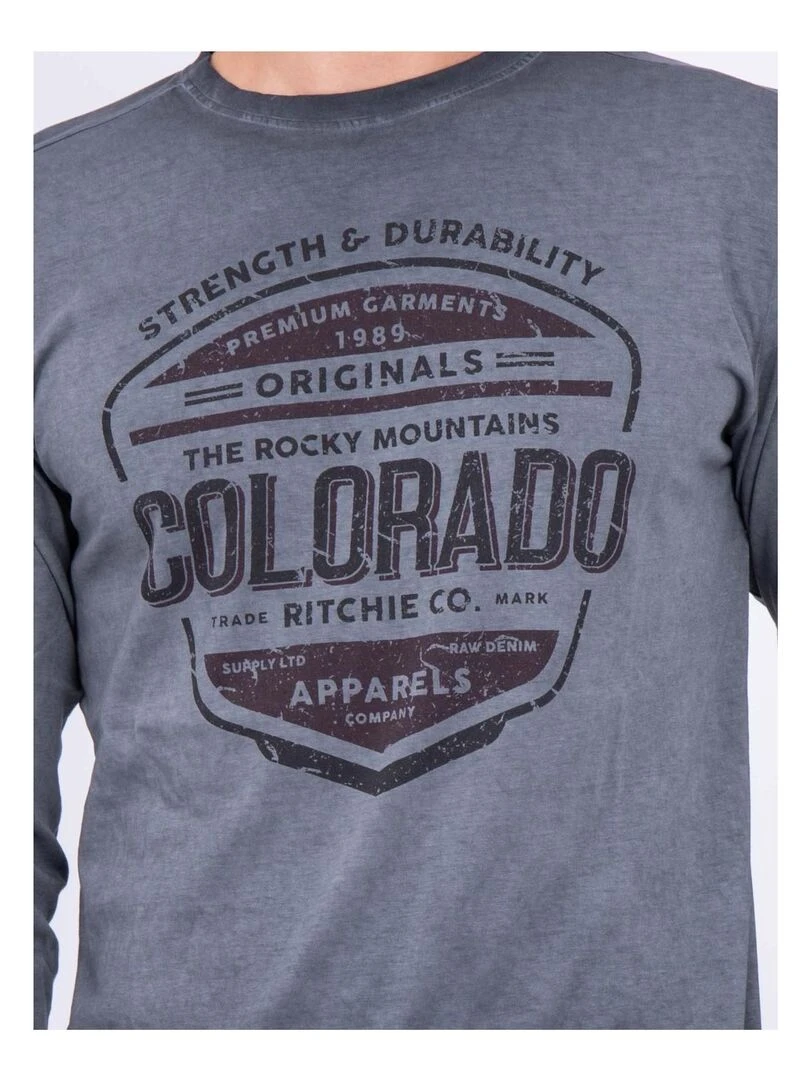 T shirt manches longues col rond pur coton JUMIXO   gris anthracite