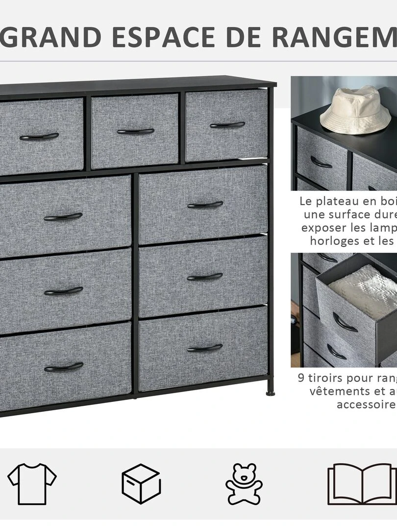 Rangement commode 9 tiroirs plateau acier MDF noir non tissé gris   Gris