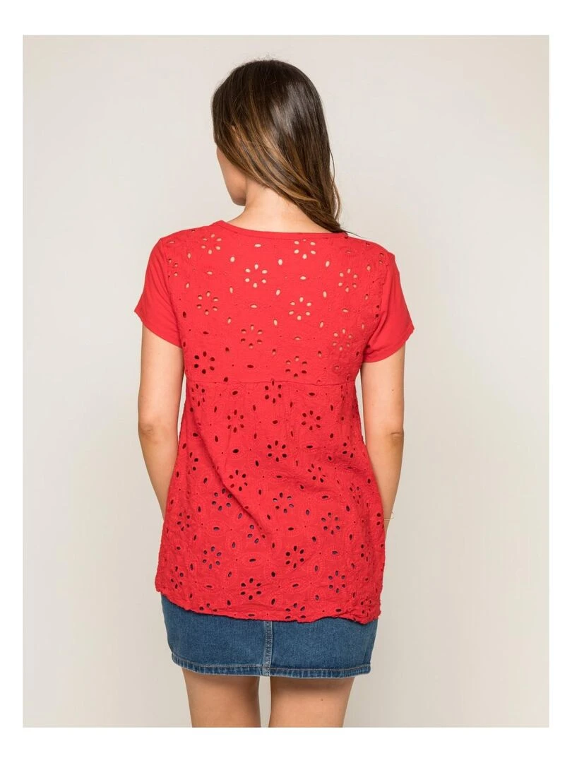 T shirt col rond broderies anglaises FOCACIA   Rouge