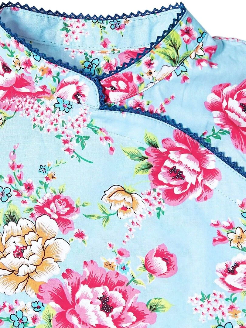 Robe Chinoise Fleurie  Turquoise Fille  Col Mao  ANNAM   La Faute à Voltaire   Bleu turquoise