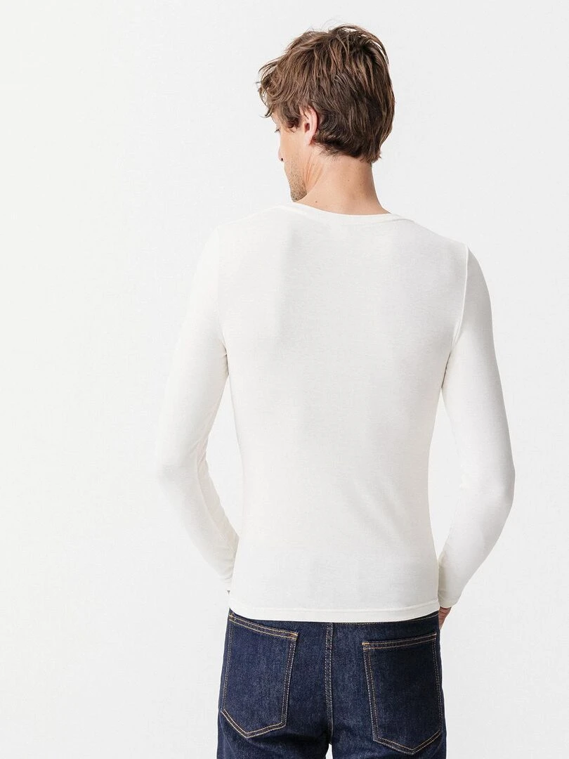 T shirt col V manches longues fine côte Thermolactyl Sensitive   Damart   Blanc