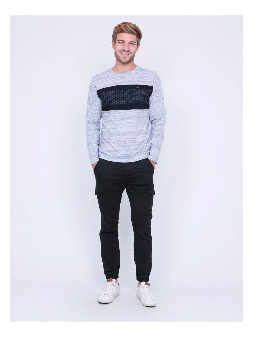 T shirt manches longues col rond pur coton JULOS   Bleu marine