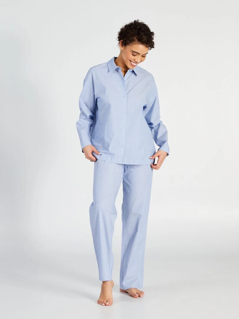 Ensemble pyjama long chemisier + pantalon 2 pièces Bleu