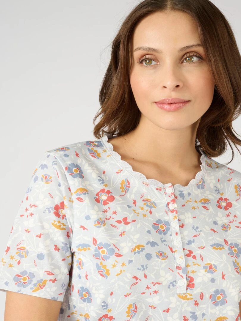 Tee shirt col rond fantaisie en pur coton. Damart Bleu